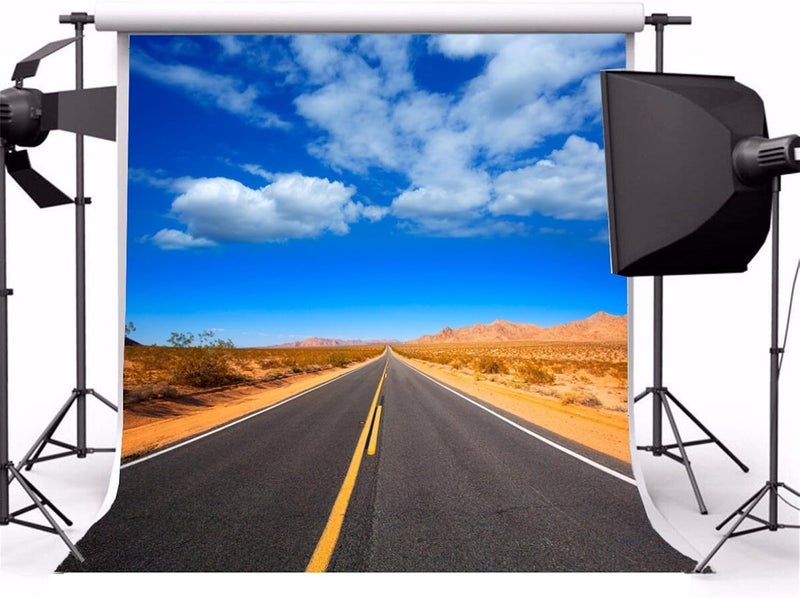 AOFOTO 10x10ft Desert Road Backdrop Historic Route 66 Road Blue Sky White Clouds Western Landscape Background Wild West California Mojave Desert Highway Motorcycle Travel Portrait Photoshoot Props - Image 5